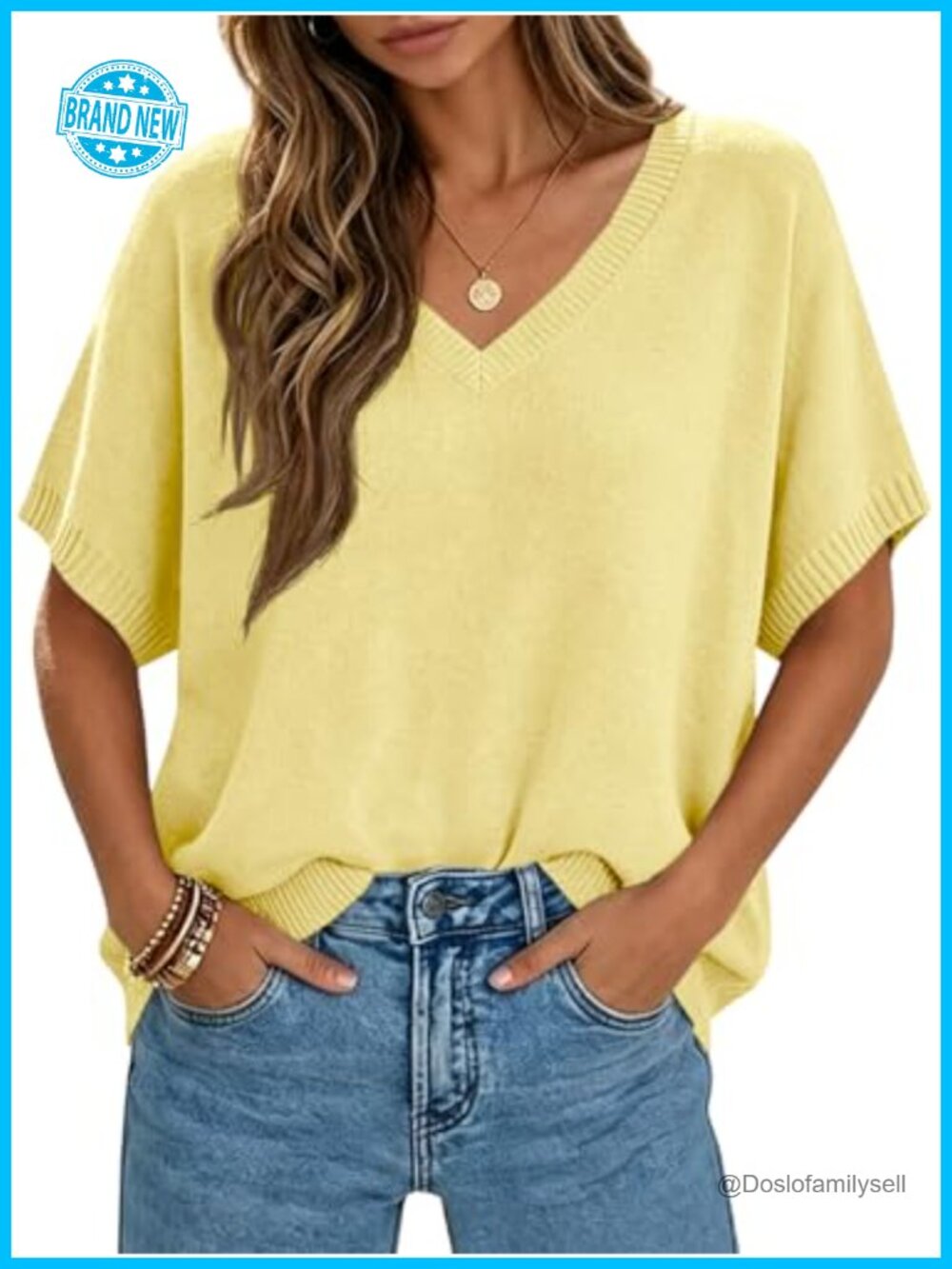 Oversized Batwing Short Sleeve Knit Sweater V-Neck Pullover Top